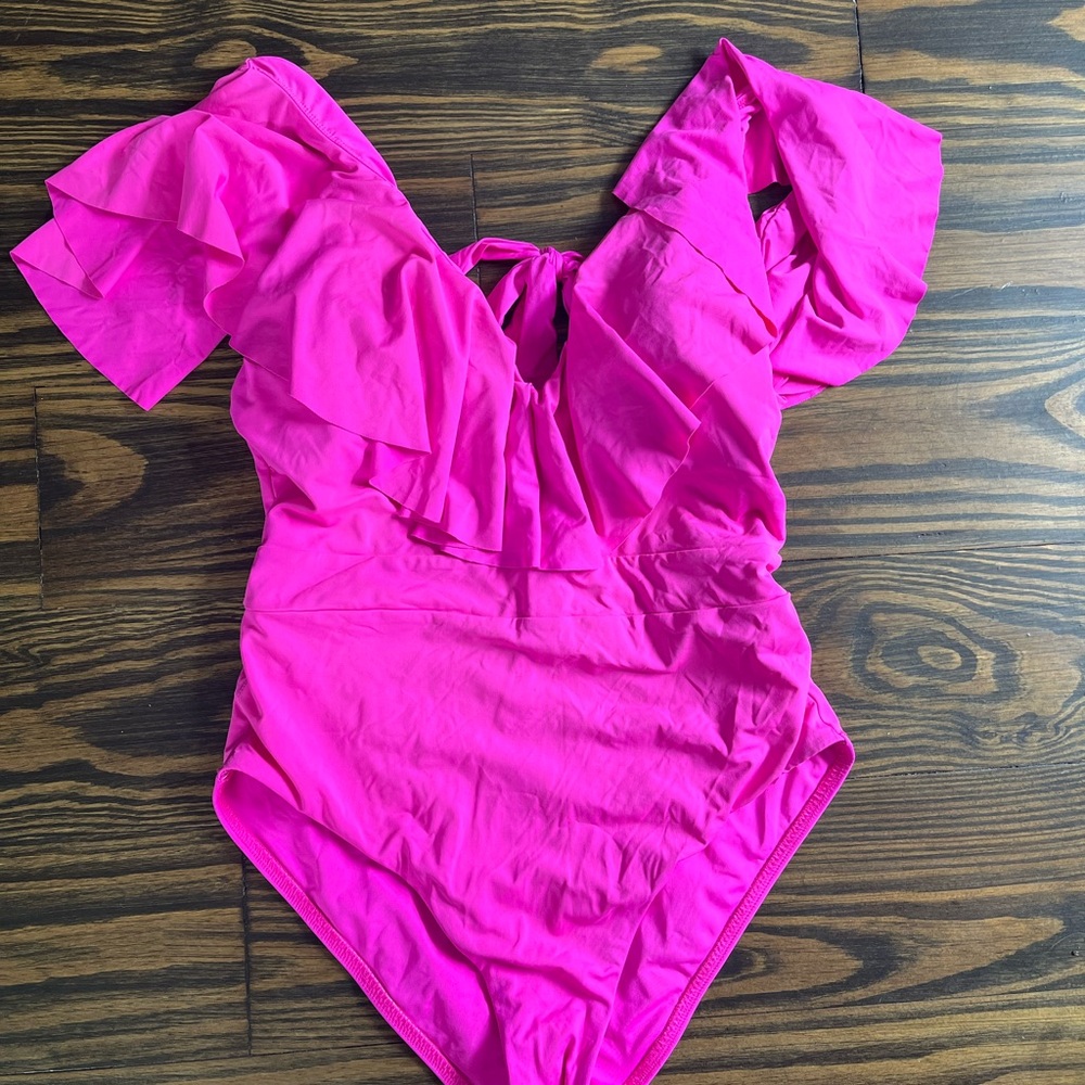 Trina Turk Atlas Ruffle Plunge Orchid Bathing Suit size 8